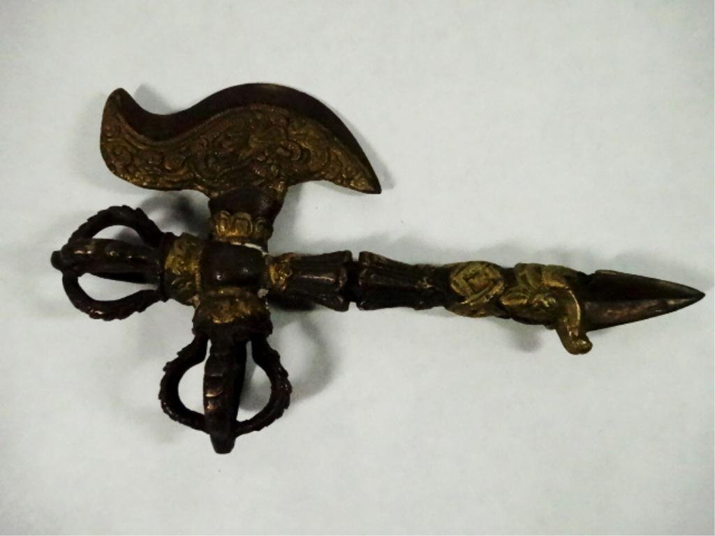BRONZE CHINESE TIBETAN PHURBA CEREMONIAL STAKE, USED IN: BRONZE CHINESE TIBETAN PHURBA CEREMONIAL STAKE, USED IN BUDDHIST RITUALS, AXE SHAPED TOP, APPROX 8.25"L, SKU895