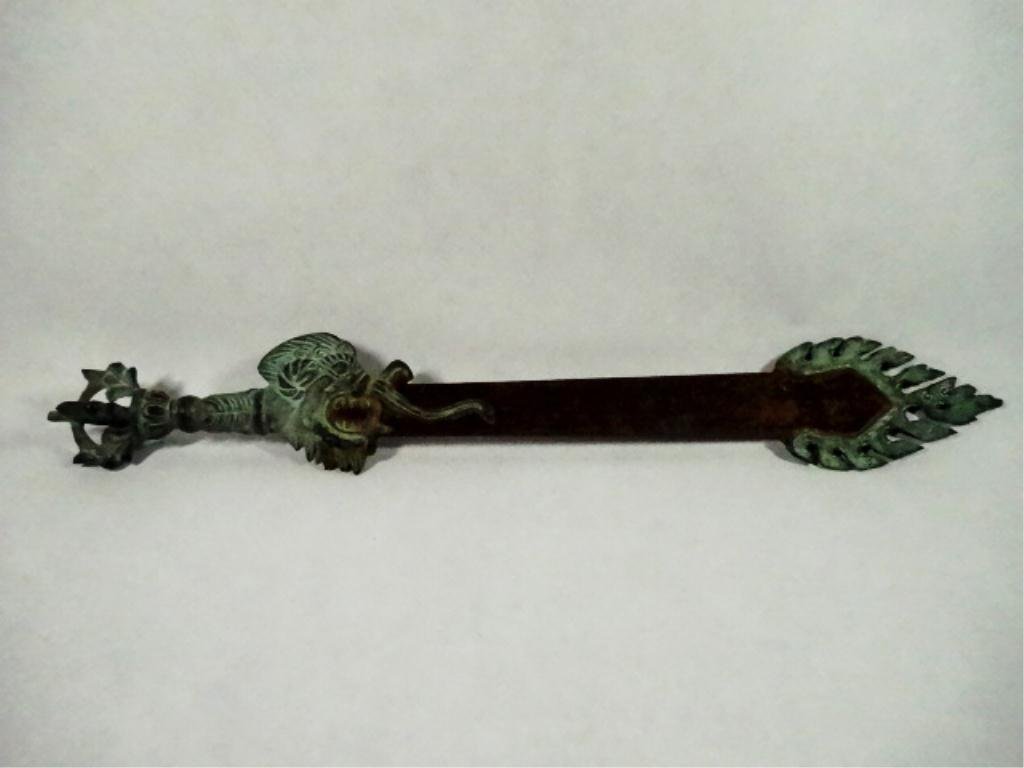 PATINATED BRONZE CHINESE TIBETAN PHURBA CEREMONIAL: PATINATED BRONZE CHINESE TIBETAN PHURBA CEREMONIAL STAKE, USED IN BUDDHIST RITUALS, WITH IRON BLADE (RUSTED), APPROX 15.5"L, SKU895