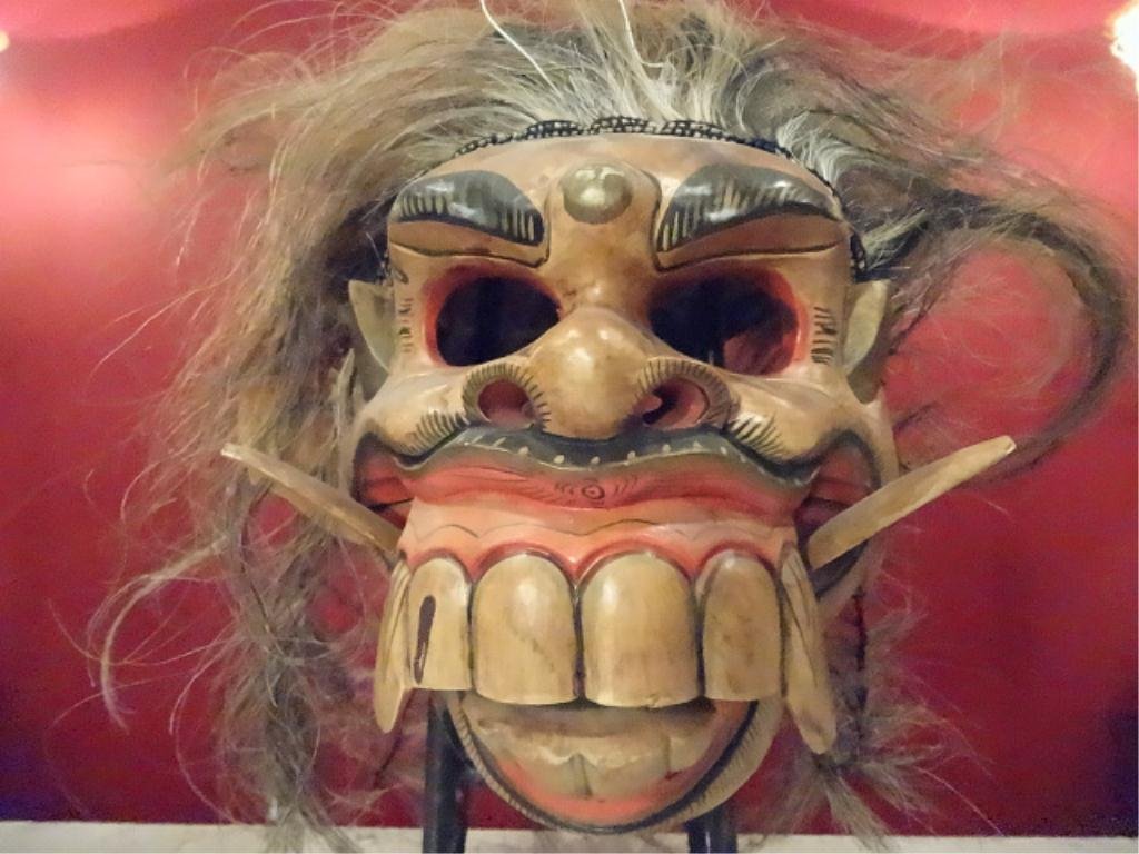 BALINESE WOOD BARONG DEMON MASK, PAINTED FINISH, WITH: BALINESE WOOD BARONG DEMON MASK, PAINTED FINISH, WITH SKULL CAP AND HAIR, 12" X 10", SKU895