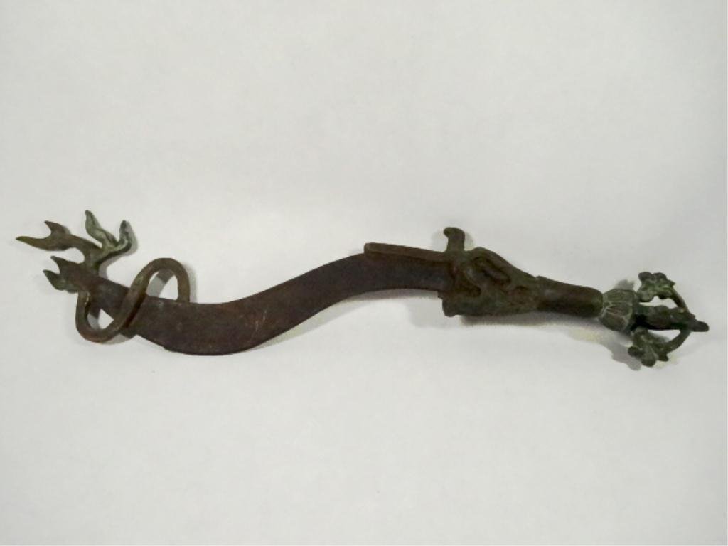 PATINATED BRONZE CHINESE TIBETAN PHURBA CEREMONIAL: PATINATED BRONZE CHINESE TIBETAN PHURBA CEREMONIAL STAKE, USED IN BUDDHIST RITUALS, WITH CURVED IRON BLADE (RUSTED), APPROX 14.5"L, SKU895