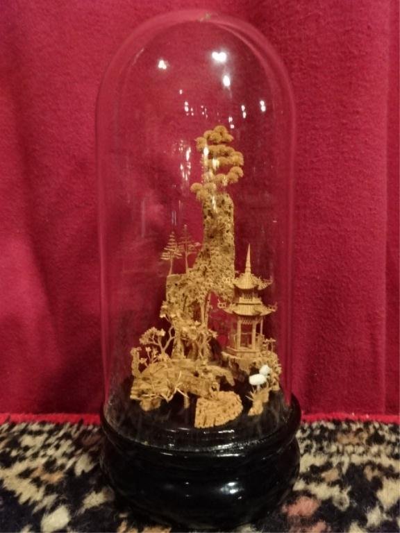 CHINESE CARVED CORK LANDSCAPE WITH PAGODA, PLEXI DOME,: CHINESE CARVED CORK LANDSCAPE WITH PAGODA, PLEXI DOME, 13" X 4.5", SKU895