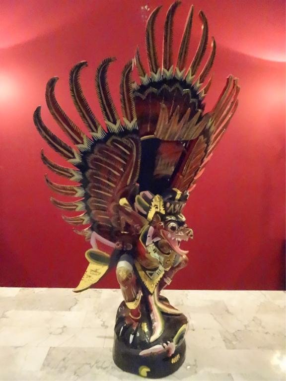 BALINESE CARVED WOOD GARUDA SCULPTURE, ELABORATELY: BALINESE CARVED WOOD GARUDA SCULPTURE, ELABORATELY PAINTED, 27"H X 16"W, SKU895