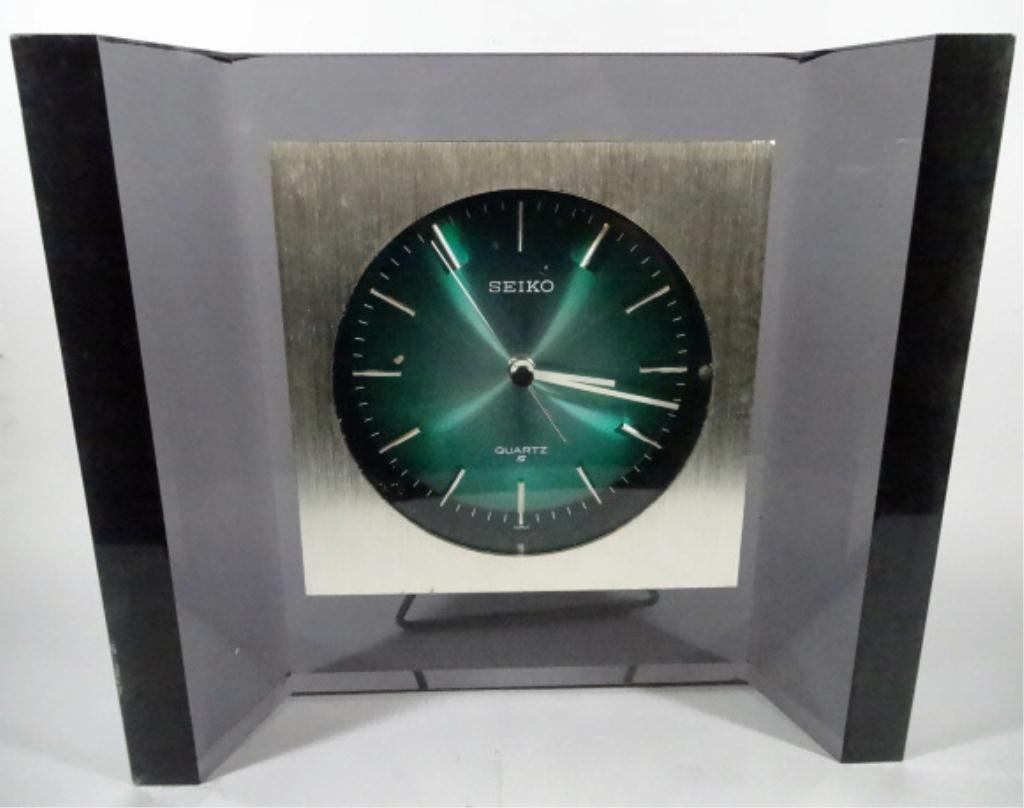 SEIKO CLOCK, SMOKED ACRYLIC FRAME, APPROX 9 5/8" X 11": SEIKO CLOCK, SMOKED ACRYLIC FRAME, APPROX 9 5/8" X 11" X 3", SKU885