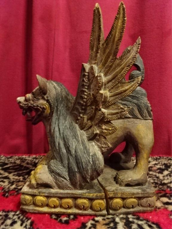 BALINESE CARVED WOOD GARUDA FIGURE, PAINTED FINISH,: BALINESE CARVED WOOD GARUDA FIGURE, PAINTED FINISH, OVERAL VERY GOOD CONDITION, ONE CHIP TO FEATHER, SMALL NATURAL CRACK IN WOOD BASE, 11" X 9.5" X 8.5"
