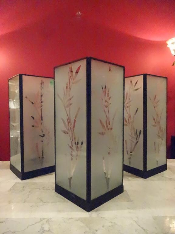 3 PC SET GLASS AND METAL TEA LIGHT CANDLE HOLDERS, 4: 3 PC SET GLASS AND METAL TEA LIGHT CANDLE HOLDERS, 4 LIGHTS EACH, FROSTED GLASS BAMBOO DESIGNS, 16" X 6.5", SKU895