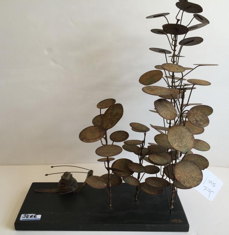 C. JERE (CURTIS JERE) MAQUETTE ON WOOD BASE. RAINDROPS: C. JERE (CURTIS JERE) MAQUETTE ON WOOD BASE. RAINDROPS BUSH, WANDERING SNAIL. APPROXIMATELY 16â€ WIDE, 11â€ HIGH, 6â€ DEEP. SIGNED.