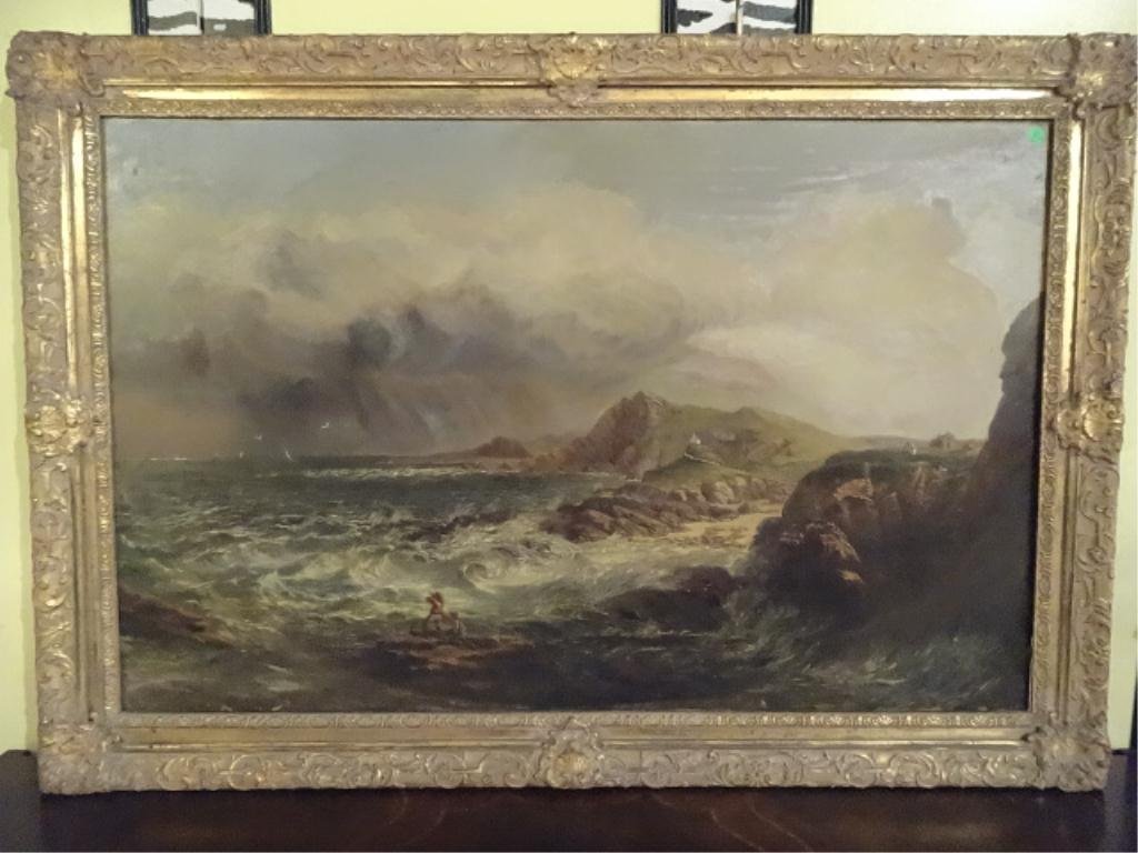 ANTIQUE OIL ON CANVAS PAINTING, SEASCAPE WITH STORM,: ANTIQUE OIL ON CANVAS PAINTING, SEASCAPE WITH STORM, CANVAS SIZE 41.5" X 26.5", FRAMED SIZE 33" X 48", SKU971.02