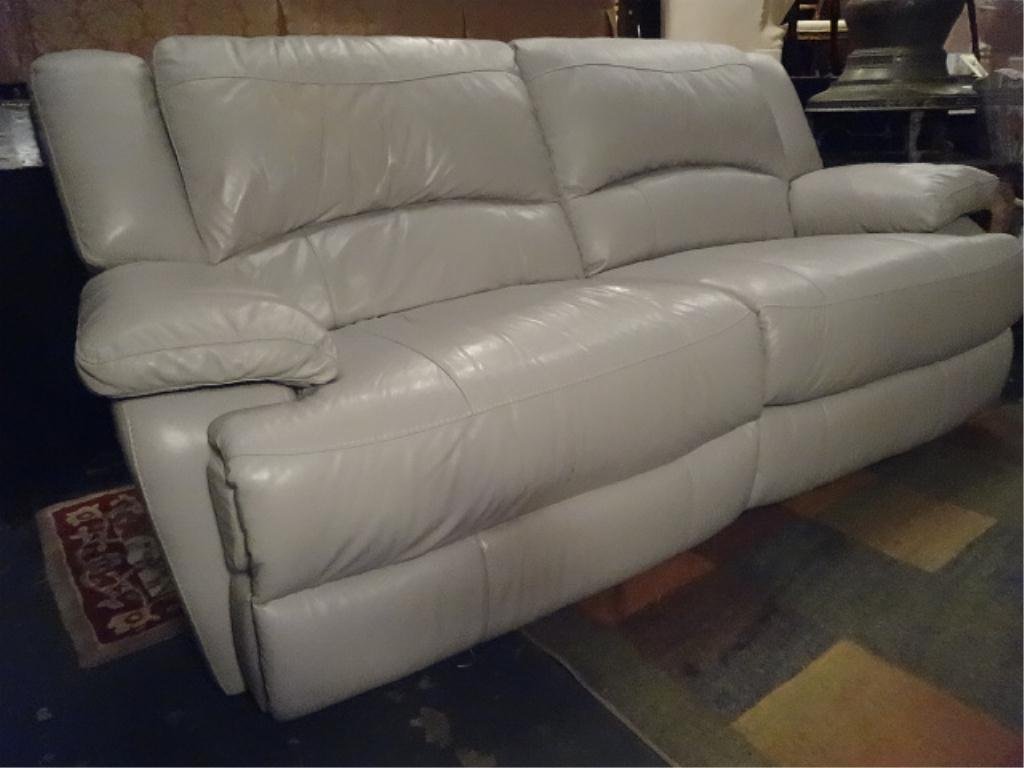 LEATHER ELECTRIC DUAL RECLINER SOFA, SILVER/GRAY: LEATHER ELECTRIC DUAL RECLINER SOFA, SILVER/GRAY LEATHER, BOTH SIDES FULLY RECLINE, LESS THAN A YEAR OLD, EXCELLENT WORKING CONDITION, SKU977