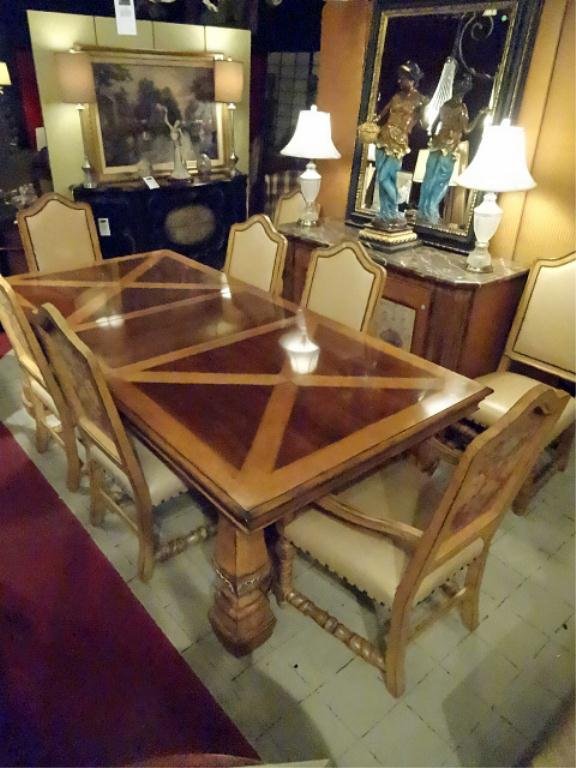 SPECTACULAR DREXEL HERITAGE DINING SET, ITALIANATE: SPECTACULAR DREXEL HERITAGE DINING SET, ITALIANATE STYLE, INCLUDES TABLE, 2 LEAVES, AND 8 LEATHER CHAIRS, WITH NAILHEAD TRIM, EXCELLENT CONDITION, SKU950.01