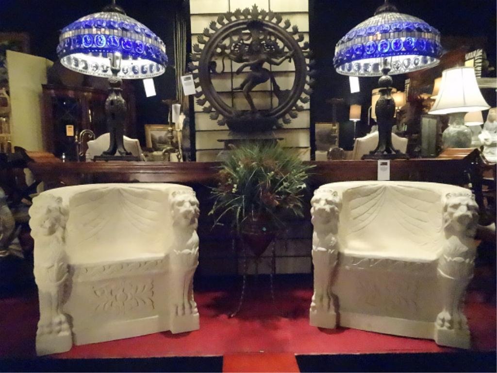 PAIR MICHAEL TAYLOR DESIGNS STONE LION CHAIRS, PAIR: PAIR MICHAEL TAYLOR DESIGNS STONE LION CHAIRS, PAIR WINGED LIONS FORM ARMS AND LEGS ON EACH CHAIR, EXCELLENT CONDITION, 42"DIAMETER X 21"D X 26"H, SKU915