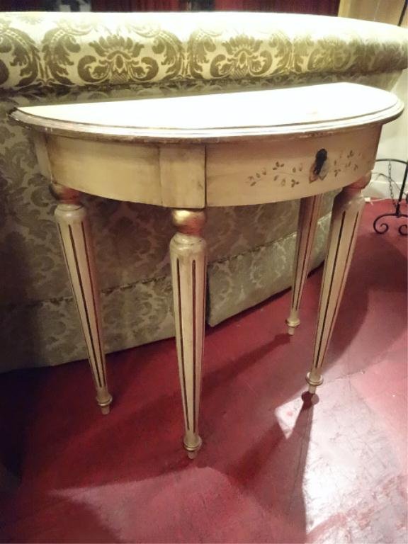 PAINTED DEMI LUNE CONSOLE TABLE, FLORAL DESIGNS,ANTIQUE: PAINTED DEMI LUNE CONSOLE TABLE, FLORAL DESIGNS,ANTIQUE WHITE FINISH, APPROX 3'W, 964.21