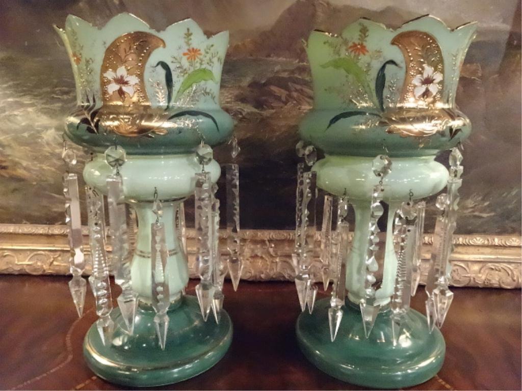 PAIR ANTIQUE GREEN GLASS MANTEL LUSTRES WITH CRYSTAL: PAIR ANTIQUE GREEN GLASS MANTEL LUSTRES WITH CRYSTAL DROPS, APPROX 14"H