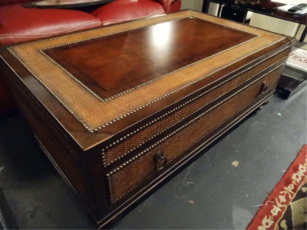 TOMMY BAHAMA STYLE COFFEE TABLE, WOOD WITH RATTAN: TOMMY BAHAMA STYLE COFFEE TABLE, WOOD WITH RATTAN ACCENTS AND NAILHEAD TRIM, LARGE SINGLE DRAWER, EXCELLENT CONDITION, APPROX 4' X 3', SKU984.08