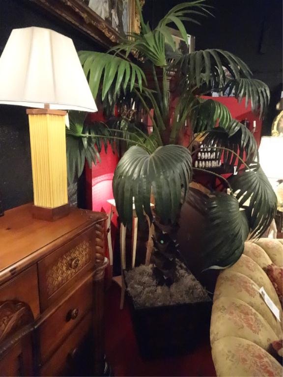LARGE FAUX PALM TREE IN RATTAN PLANTER, APPROX 7'H,: LARGE FAUX PALM TREE IN RATTAN PLANTER, APPROX 7'H, SKU984.02
