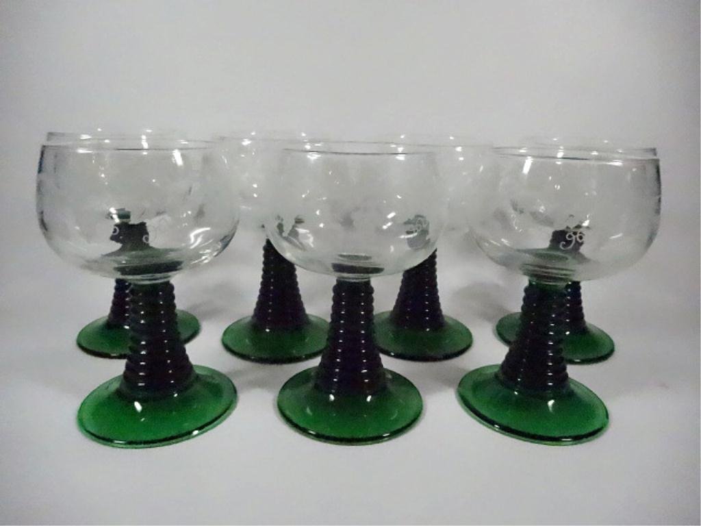 7 LUMINARC WINE GLASSES, GREEN STEMS, MADE IN FRANCE,