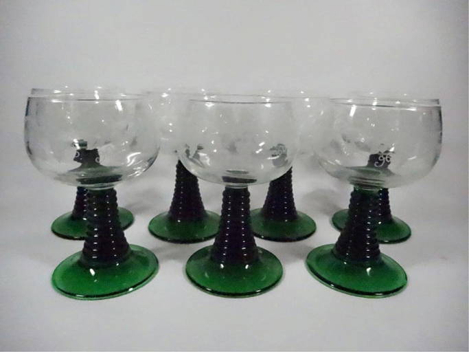 7 Luminarc Wine Glasses, Green Stems, Made In France,