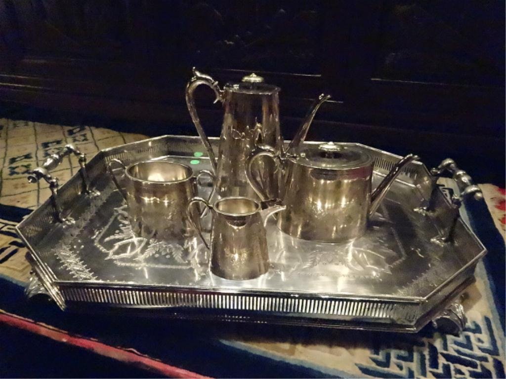 5 PC ROBERTS & BELK SILVER PLATE TEA SET, INCLUDES: 5 PC ROBERTS & BELK SILVER PLATE TEA SET, INCLUDES COFFEE POT, TEA POT, CREAMER, OPEN SUGAR & LARGE TRAY. FINIAL ONE ONE HANDLE OF TRAY HAS BEEN REPLACED. TRAY APPROX 26" X 17.5"