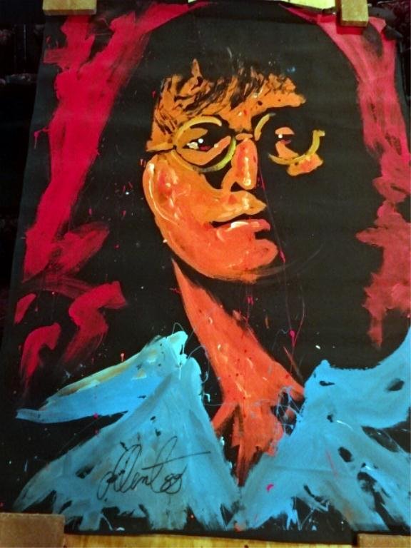 LARGE DENNY DENT ACRYLIC PAINTING ON PAPER, PORTRAIT OF: LARGE DENNY DENT ACRYLIC PAINTING ON PAPER, PORTRAIT OF JOHN LENNON, SIGNED DATED '89 LOWER RIGHT, UNFRAMED ON ROLLED PAPER, GOOD CONDITION, APPROX 2" TEAR TOP RIGHT CORNER, APPROX 54" X 70", SKU844