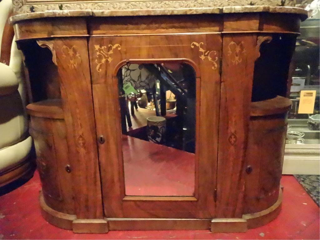 LOUIS XV STYLE MARQUETRY BUFFET, EARLY 20TH CENTURY,: LOUIS XV STYLE MARQUETRY BUFFET, EARLY 20TH CENTURY, BEVELED MARBLE TOP, SOLID VINTAGE CONDITION WITH SOME LOSS OF MOULDING AND ONE REPAIR TO DOOR CORNER, APPROX 4'W, SKU804.05