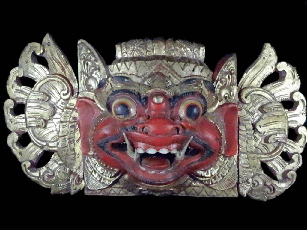 BALINESE CARVE WOOD BARONG MASK, PAINTED RED AND GOLD,: BALINESE CARVE WOOD BARONG MASK, PAINTED RED AND GOLD, 23.5" X 11.5", SKU895
