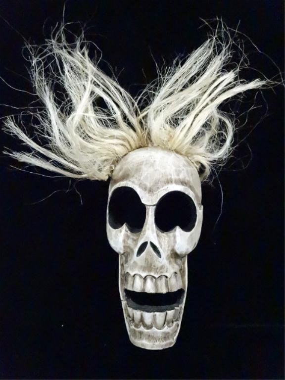 BALINESE CARVED WOOD SKULL MASK, PAINTED, WITH HAIR,: BALINESE CARVED WOOD SKULL MASK, PAINTED, WITH HAIR, 10" X 5"