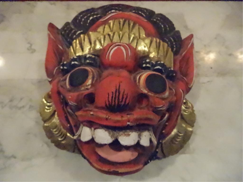 BALINESE CARVED WOOD BARONG MASK, PAINTED RED AND GOLD,: BALINESE CARVED WOOD BARONG MASK, PAINTED RED AND GOLD, 10" X 9", SKU895