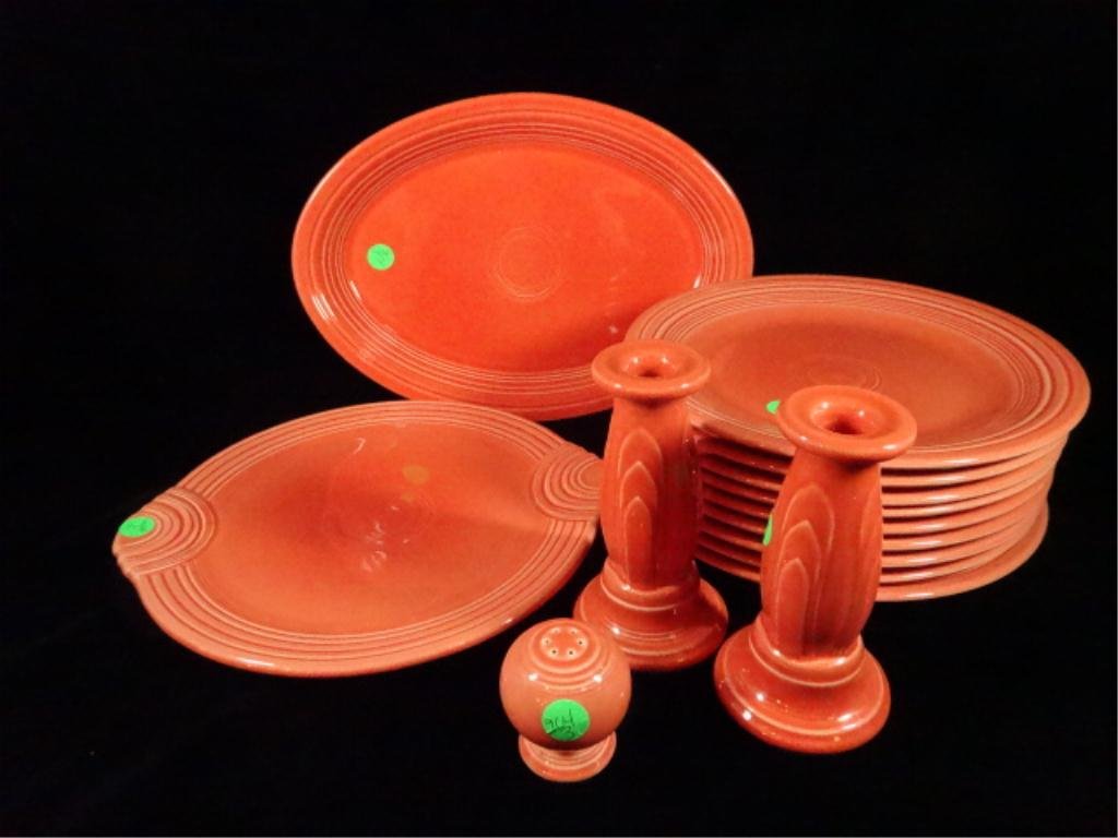 14 PC 1995 FIESTA WARE, PERSIMMON, INCLUDES 9 DINNER: 14 PC 1995 FIESTA WARE, PERSIMMON, INCLUDES 9 DINNER PLATES, 1 OVAL PLATTER, 1 PLATE PLATTER, 2 CENTENNIAL CANDLE STICK HOLDERS & 1 SALT SHAKER, SKU904.03