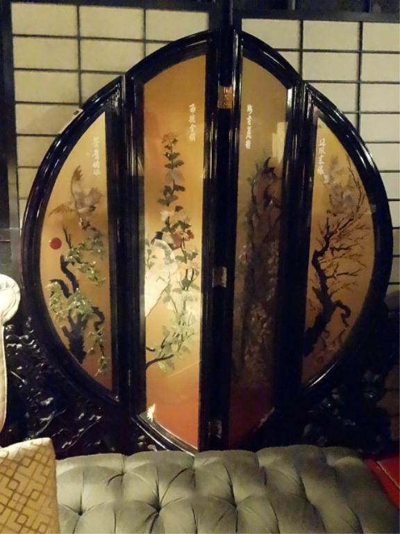 CHINESE 4 PANEL COROMANDEL SCREEN, CARVED STONE BIRDS,: CHINESE 4 PANEL COROMANDEL SCREEN, CARVED STONE BIRDS, TREES, FLOWERS, AND CALLIGRAPY UNDER GLASS, PAINTED FLORALS ON REVERSE, SOME LOOSE CARVED PIECES, APPROX 6' X 6', SKU914.11