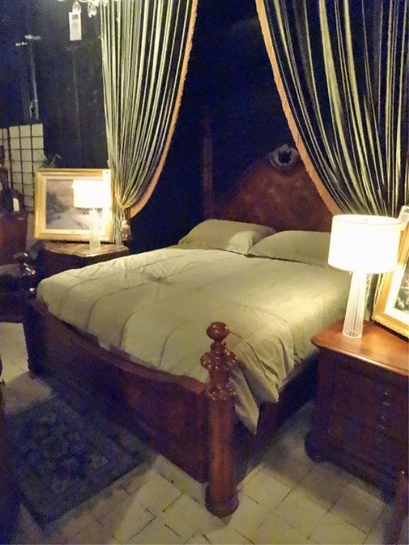 THOMASVILLE KING BEDROOM SET, INCLUDES HEADBOARD,: THOMASVILLE KING BEDROOM SET, INCLUDES HEADBOARD, FOOTBOARD, RAILS, SLATS, ON MARBLE TOP CHEST, ONE COORDINATING WOOD TOP CHEST, MATTRESS AND LINENS SOLD SEPARATELY