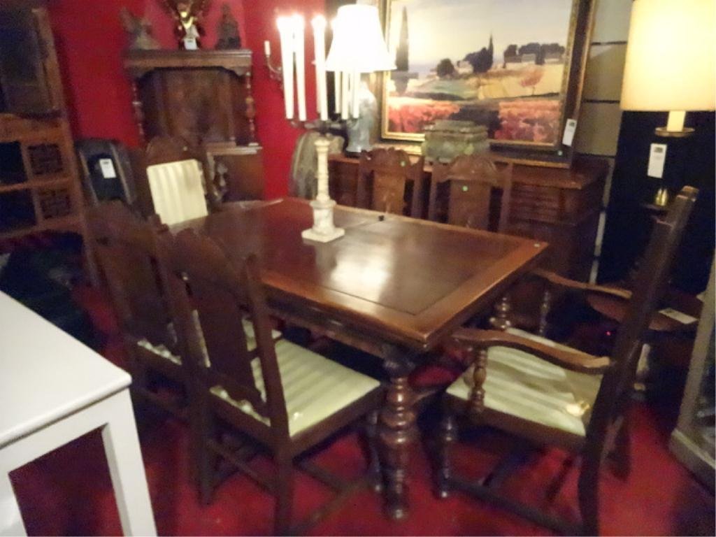 JACOBEAN STYLE DINING TABLE WITH 6 CHAIRS (2 ARMCHAIRS,: JACOBEAN STYLE DINING TABLE WITH 6 CHAIRS (2 ARMCHAIRS, 4 SIDE CHAIRS) WITH GREEN AND IVORY STRIPED UPHOLSTERY, TWO 15" DRAW LEAVES ON EACH END, EARLY 20TH CENTURY, MATCHING SIDEBOARD AND HUTCH SOLD S