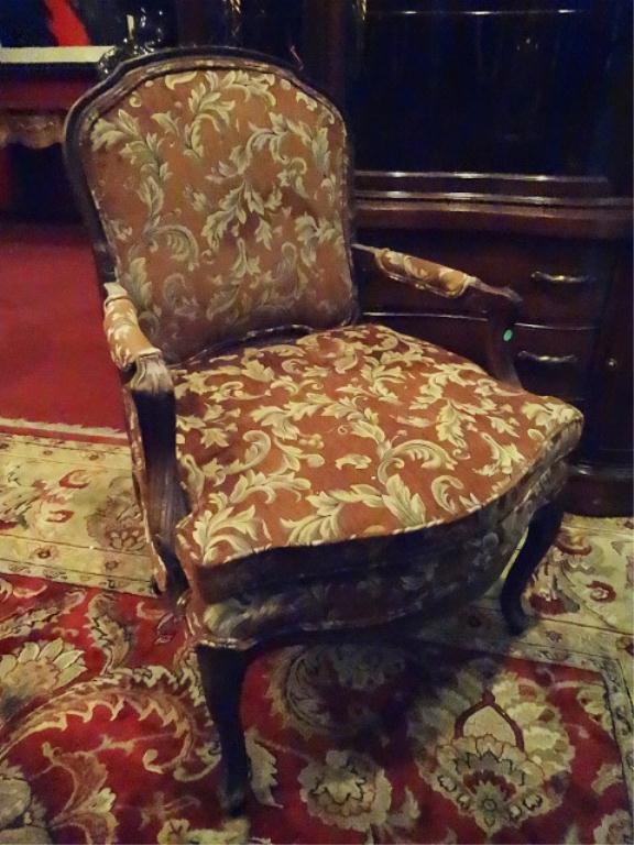 LOUIS XV STYLE BERGERE CHAIR BURGUNDY AND GOLD: LOUIS XV STYLE BERGERE CHAIR BURGUNDY AND GOLD UPHOLSTERY, DARK FINISH WOOD FRAME, SKU817.03
