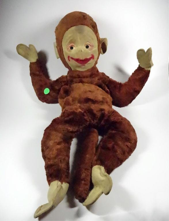 VINTAGE STUFFED MONKEY WITH ZIPPERED COMPARTMENT ON: VINTAGE STUFFED MONKEY WITH ZIPPERED COMPARTMENT ON BACK, APPROX 22"h