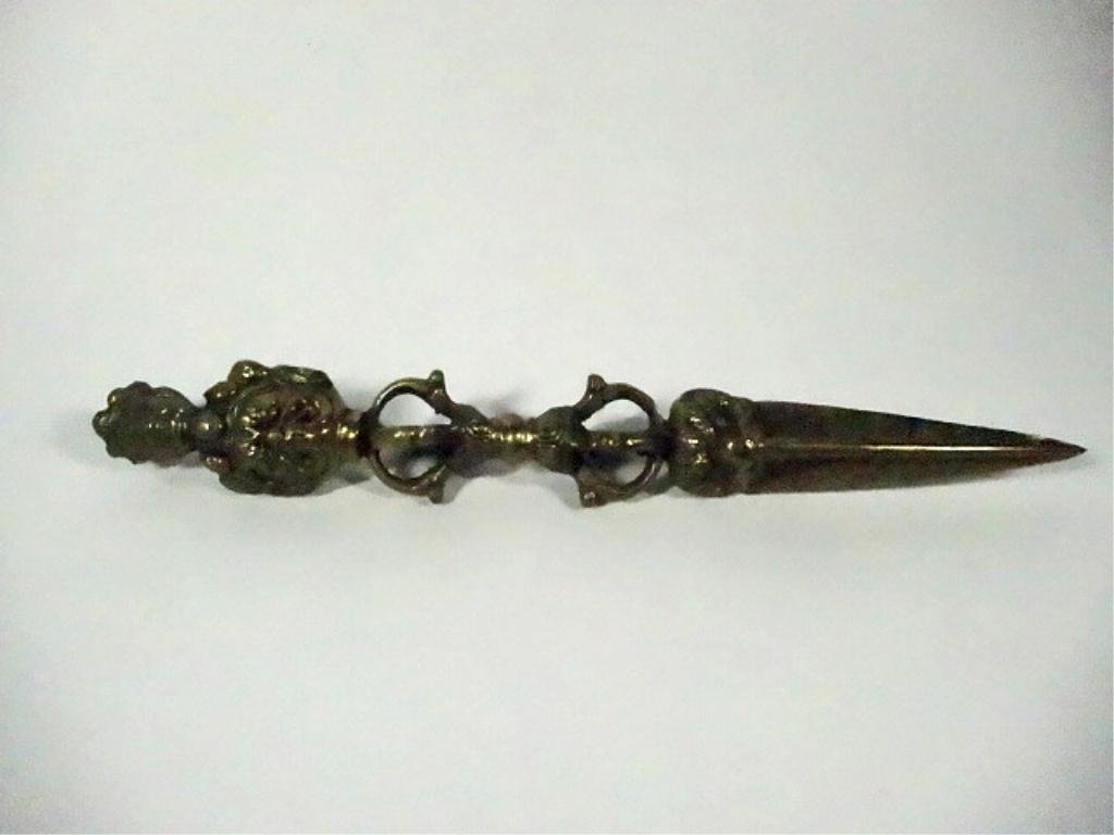 BRONZE CHINESE TIBETAN PHURBA CEREMONIAL STAKE, USED IN: BRONZE CHINESE TIBETAN PHURBA CEREMONIAL STAKE, USED IN BUDDHIST RITUALS, 4 SIDED BLADE, APPROX 9.25"L, SKU895