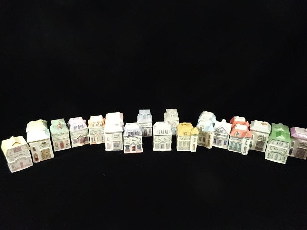 22 PC LENOX VILLAGE PORCELAIN SPICE JARS, INCLUDES: 22 PC LENOX VILLAGE PORCELAIN SPICE JARS, INCLUDES ALLSPICE, 2 BASIL, CELERY, CHIVE, CINNAMON, 2 DILL, GARLIC, GINGER, MUSTARD, NUTMEG, ONION, 2 PARSLEY, ROSEMARY, 2 SAFFRON, SAGE, 2 TARRAGON & THYME,