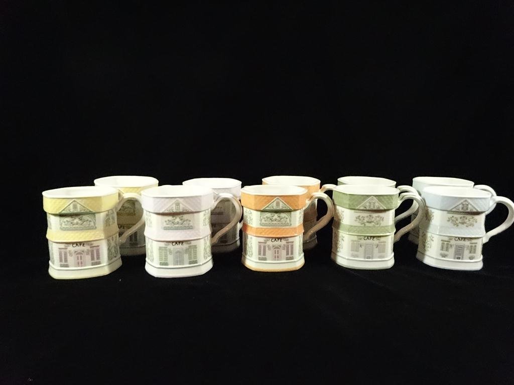 10 LENOX VILLAGE PORCELAIN MUGS, INCLUDES 2 EACH OF: 10 LENOX VILLAGE PORCELAIN MUGS, INCLUDES 2 EACH OF YELLOW, PURPLE, ORANGE, GREEN & BLUE, NEVER USED