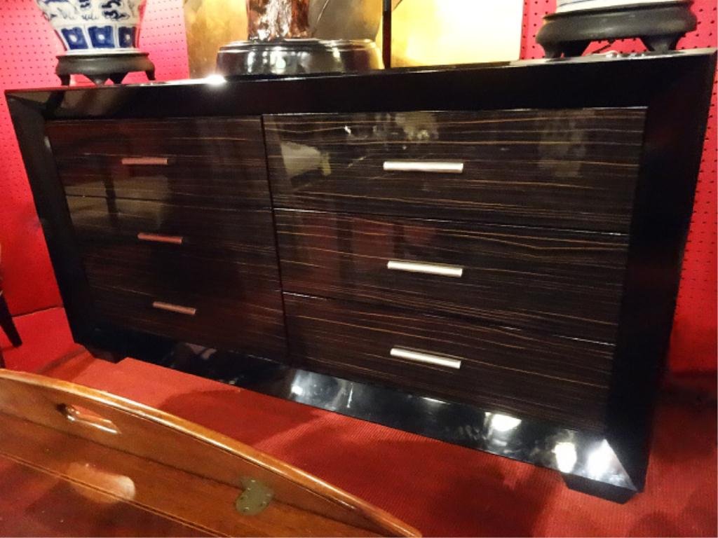 MODERN 2 DRAWER DRESSER, STEEL PULLS, MACASSAR EBONY: MODERN 2 DRAWER DRESSER, STEEL PULLS, MACASSAR EBONY FINISH GLOSS VENEER, APPROX 6'W, SKU963