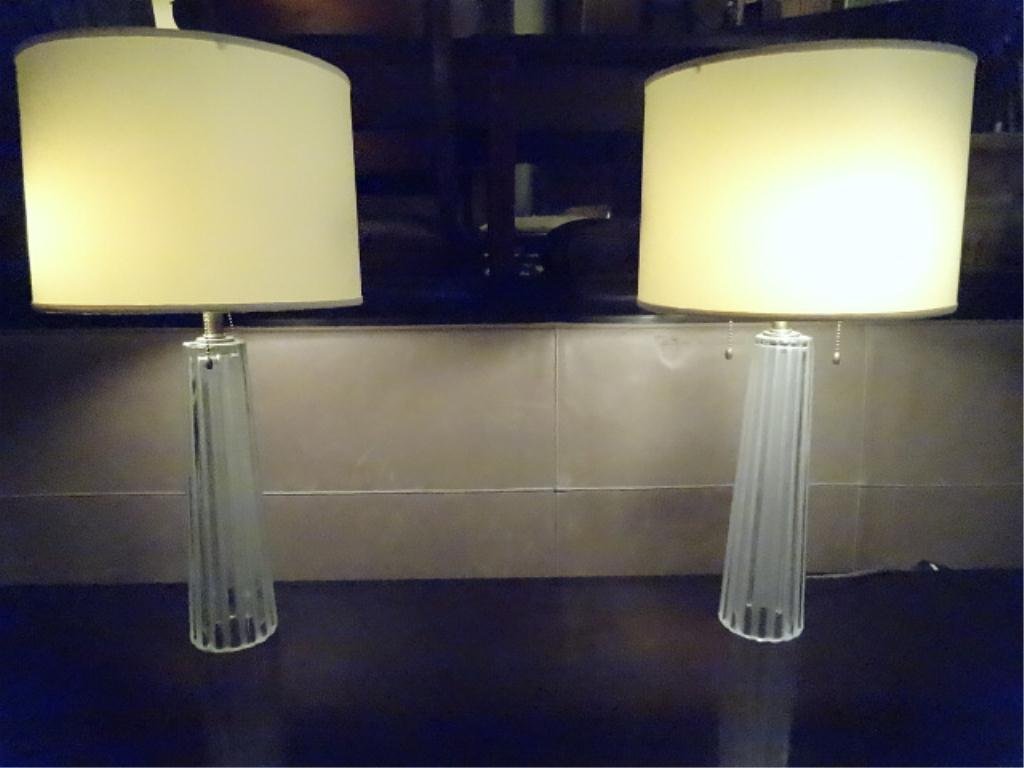 PAIR BARBARA BARRY FOR BAKER CRYSTAL LAMPS, PLEATED: PAIR BARBARA BARRY FOR BAKER CRYSTAL LAMPS, PLEATED CRYSTAL BASES, DRUM SHADES, APPROX 25"H, LABELED MODEL BBSO2CS, SKU916 #barbarabarry