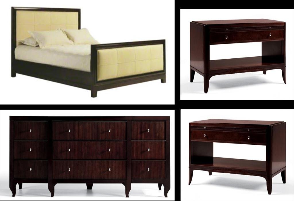 BARBARA BARRY FOR BAKER KING BEDROOM SET, WITH LEATHER: BARBARA BARRY FOR BAKER KING BEDROOM SET, WITH LEATHER AND MAHOGANY SOLIDS AND VENEERS IN JAVA FINISH, CHROME PULLS, INCLUDES PADDED CALFSKIN LEATHER HEADBOARD AND FOOTBOARD, RAILS, SLATS, DRESSER, 2