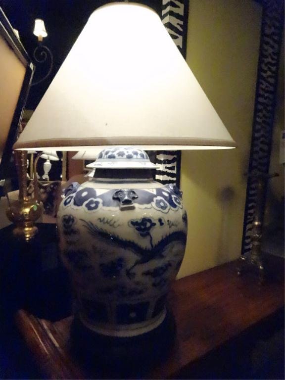 TWO LARGE CHINESE GINGER JAR LAMPS, BLUE AND WHITE WITH: TWO LARGE CHINESE GINGER JAR LAMPS, BLUE AND WHITE WITH PAINTED DRAGONS, CRACK IN ONE, 31"H, SKU943.05