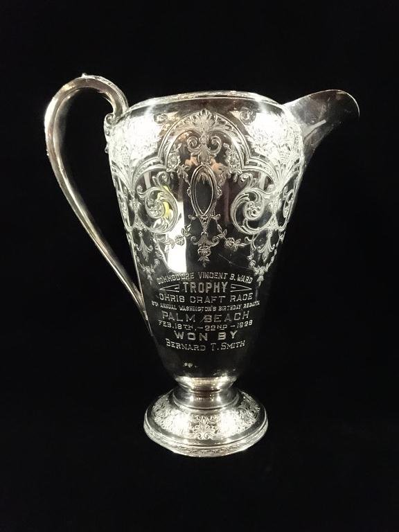 SILVERPLATE TROPHY, PITCHER SHAPE, INSCRIBED "COMMODORE: SILVERPLATE TROPHY, PITCHER SHAPE, INSCRIBED "COMMODORE VINCENT B. WARD CHRIS CRAFT RACE, 8TH ANNUAL WASHINGTON'S BIRTHDAY REGATTA, PALM BEACH, FEB. 19TH - 22ND, 1928, WON BY BERNARD T. SMITH", APPROX