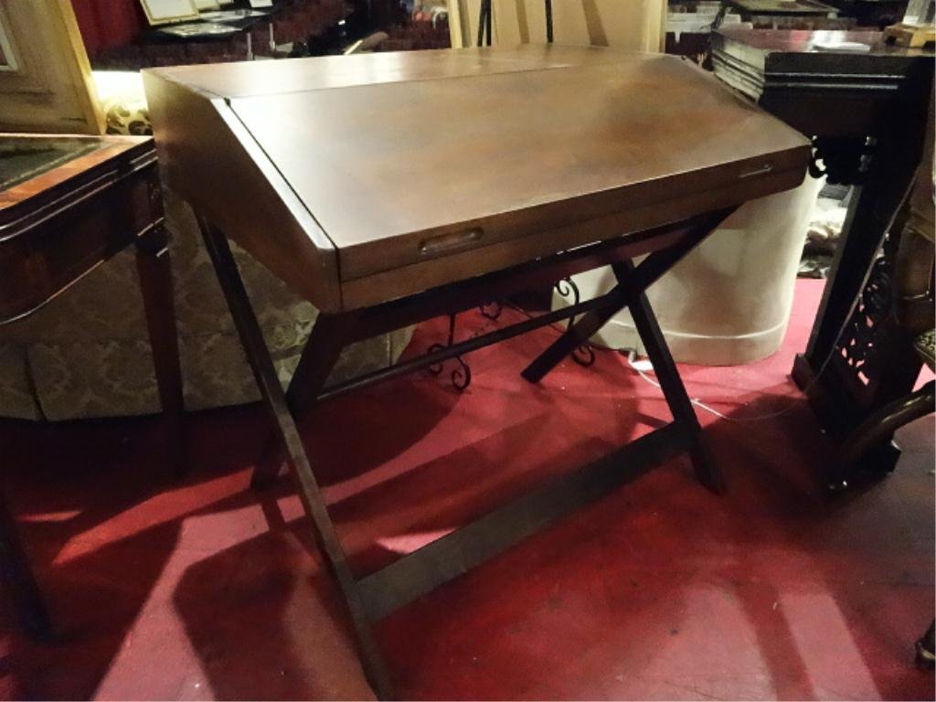 MID CENTURY WALNUT DESK, DANISH MODERN STYLE, TRESTLE: MID CENTURY WALNUT DESK, DANISH MODERN STYLE, TRESTLE BASE, FLIP TOP, 2 PC WITH COLLAPSIBLE BASE, EXCELLENT CONDITION, UNLABELED, APPROX 4'W