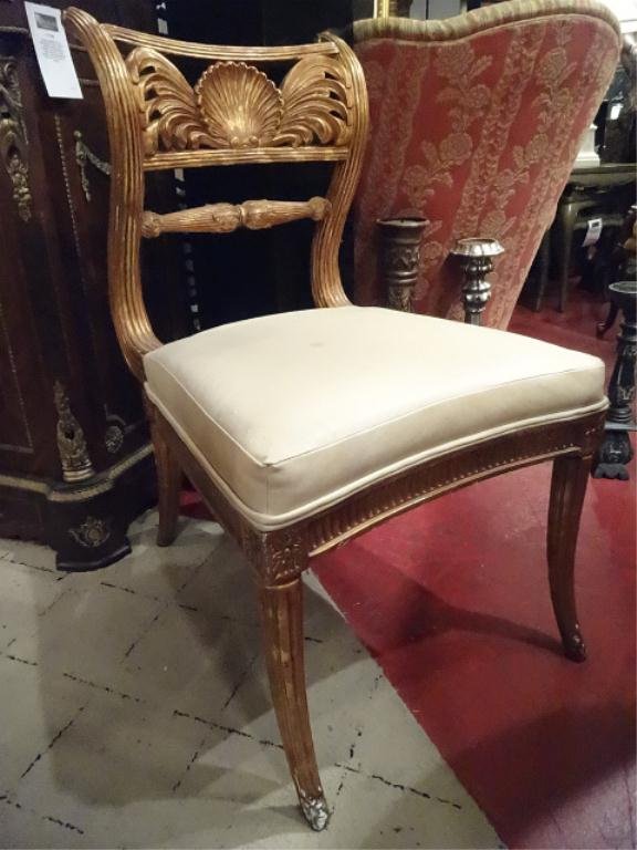 GOLD GILT WOOD CHAIR WITH SCALLOPED SHELL DESIGN, VERY: GOLD GILT WOOD CHAIR WITH SCALLOPED SHELL DESIGN, VERY GOOD CONDITION WITH REPAIR TO FRONT LEFT LEG AS SHOWN IN PHOTO, SKU972.04