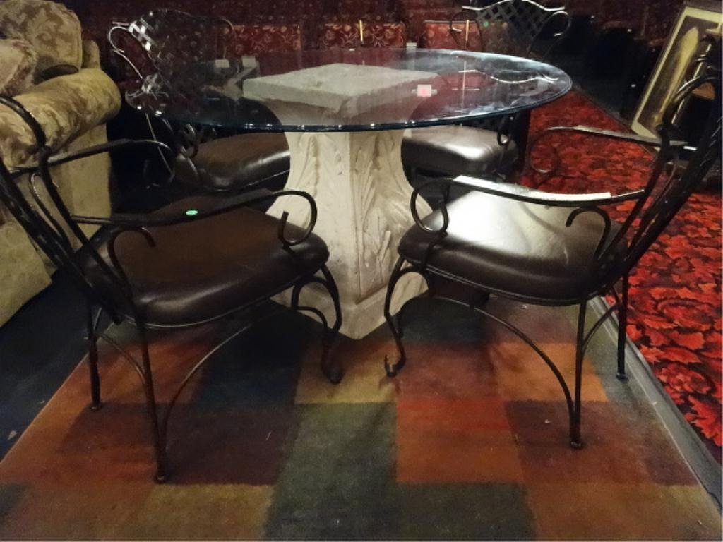 METAL AND STONE DINING SET, 4 LEATHER SEAT CHAIRS BY: METAL AND STONE DINING SET, 4 LEATHER SEAT CHAIRS BY HOOKER FURNITURE, STONE PEDESTAL BASE TABLE WITH ROUND GLASS TOP, MATCHING BAR STOOLS SOLD SEPARATELY