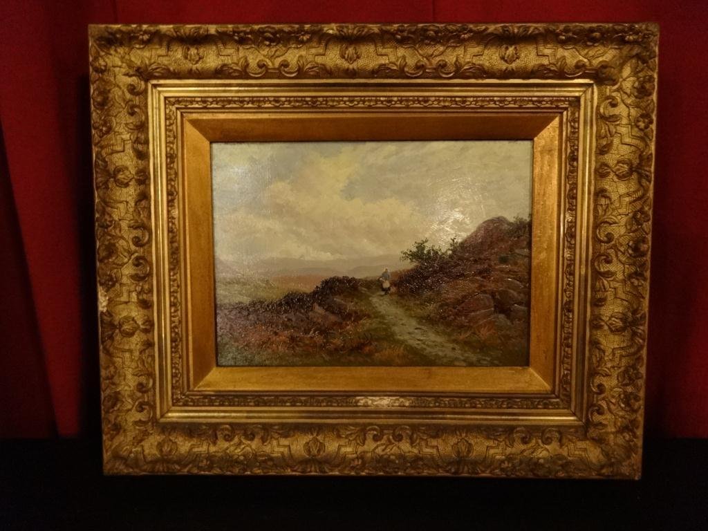 THOMAS SPINKS OIL PAINTING ON BOARD, CIRCA 1897,: THOMAS SPINKS OIL PAINTING ON BOARD, CIRCA 1897, LANDSCAPE, SIGNED & DATED '97 LOWER LEFT, CLEANED & VARNISHED IN 1989, APPROX 18.5" X 22.5" FRAMED