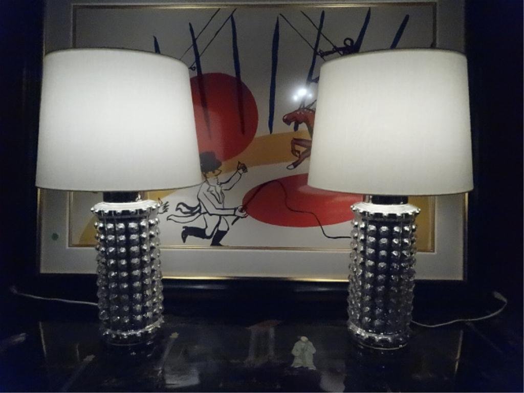 PAIR MID CENTURY MODERN MERCURY GLASS LAMPS, CIRCA: PAIR MID CENTURY MODERN MERCURY GLASS LAMPS, CIRCA 1960's, DESIGNER HELENA TYNELL FOR LUXUS OF SWEDEN, WITH ORIGINAL LINEN SHADES, EXCELLENT CONDITION, APPROX 23"H, SKU983.04
