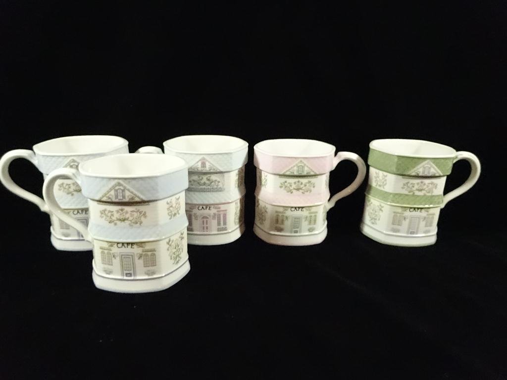 5 LENOX VILLAGE PORCELAIN MUGS, INCLUDES 3 BLUE, 1 PINK: 5 LENOX VILLAGE PORCELAIN MUGS, INCLUDES 3 BLUE, 1 PINK & 1 GREEN, NEVER USED
