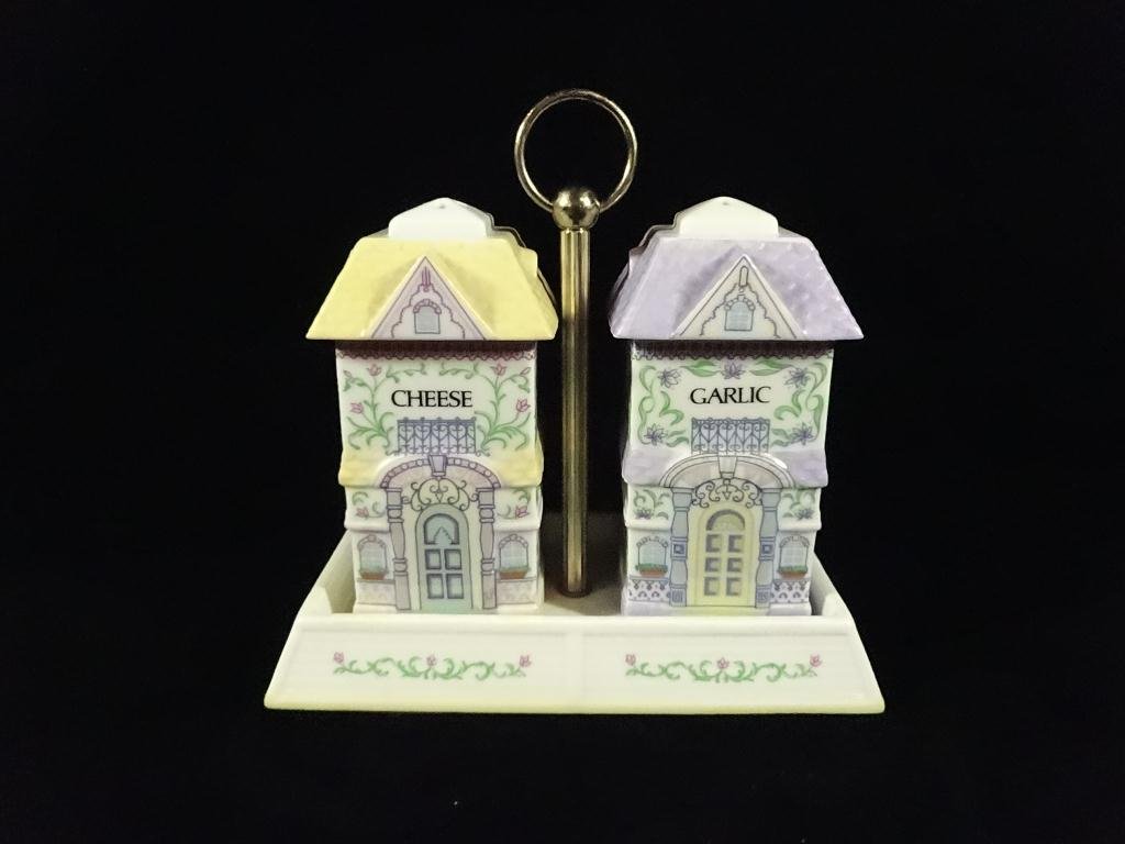 3 PC LENOX VILLAGE PORCELAIN CHEESE & GARLIC SET,: 3 PC LENOX VILLAGE PORCELAIN CHEESE & GARLIC SET, INCLUDES CHEESE, GARLIC & CADDY, APPROX 5.5"H, #1 OF TWO AVAILABLE, NEVER USED