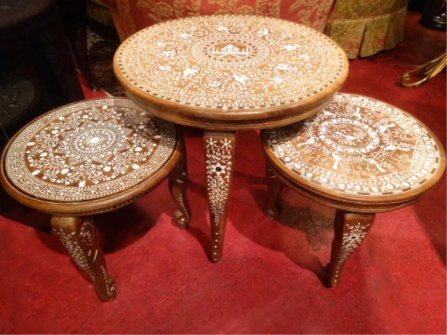 3 PC MOTHER OF PEARL INLAID TABLES INLAID BIRD, FLORAL: 3 PC MOTHER OF PEARL INLAID TABLES INLAID BIRD, FLORAL AND TAJ MAHAL DESIGNS, MADE IN INDIA, ELEPHANT FORM LEGS, LARGEST APPROX 16"W