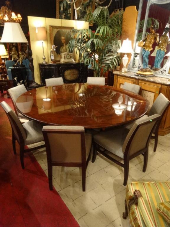 SPECTACULAR CONTEMPORARY DINING SET, TABLE BY STANLEY,: SPECTACULAR CONTEMPORARY DINING SET, TABLE BY STANLEY, 8 BERNHARDT CHAIRS WITH GRAY SILK UPHOLSTERY, TABLE FEATURES CURVED LEAVES THAT EXTEND TABLE FROM 59" TO 77"W, JAVA FINISH, SKU018.01