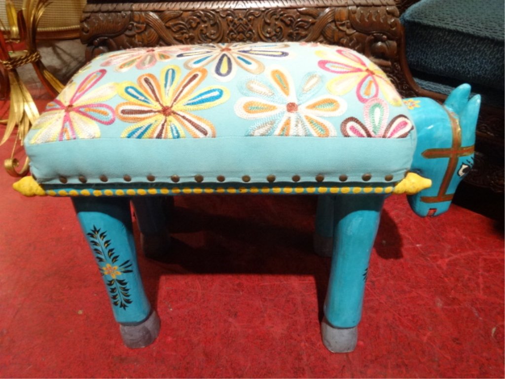 CARVED WOOD DONKEY FORM STOOL, BLUE PAINTED FINISH,: CARVED WOOD DONKEY FORM STOOL, BLUE PAINTED FINISH, EMBROIDERED CUSHION WITH NAILHEAD TRIM, SKU033.11